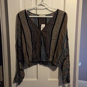 American Eagle Outfitters Striped V-Neck Cropped Blouse in Black, Teal, And Pink